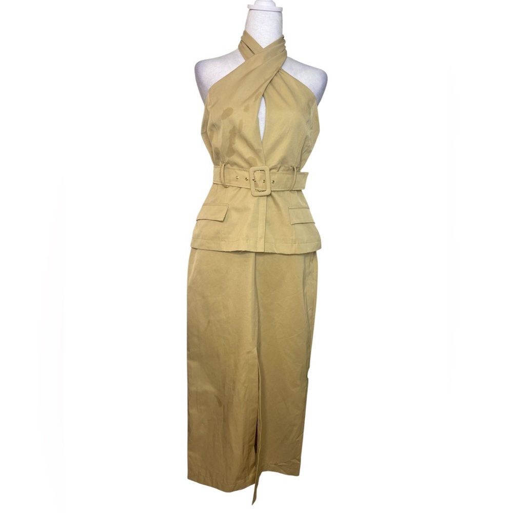 Zara Khaki Halter Neck Belted Midi Dress Women’s. Sleeveless Keyhole Pockets S - Picture 4 of 9